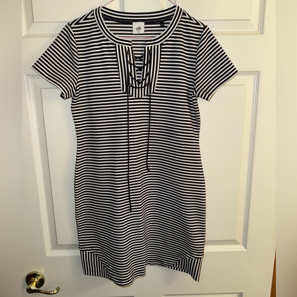 Navy and white striped v neck dress with lace up front. Size xs